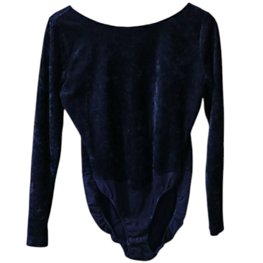 Vintage 90s Black Velour Bodysuit Long Sleeve Scoop Neck Retro Chic Fashion Top